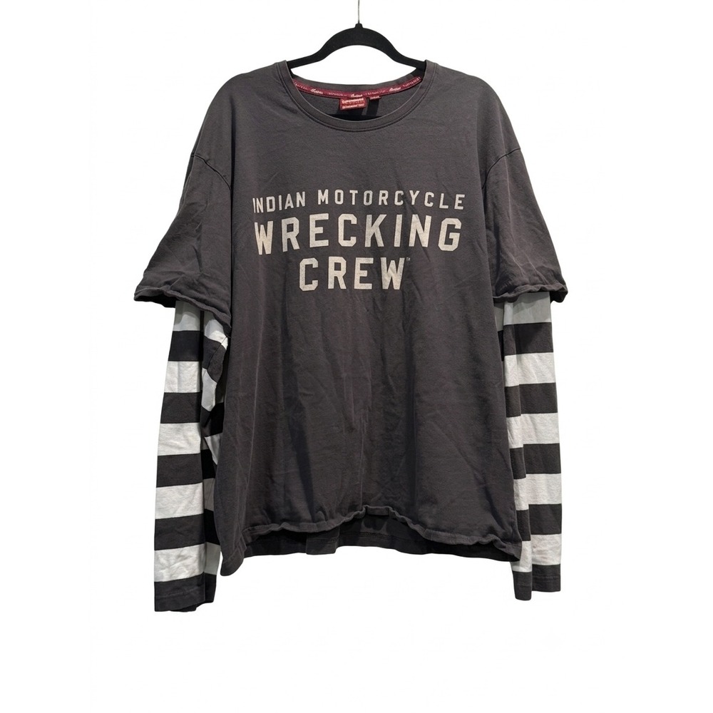 Indian Motorcycle Wrecking Crew Layered Graphic Tee Grey Striped 2XL Mens